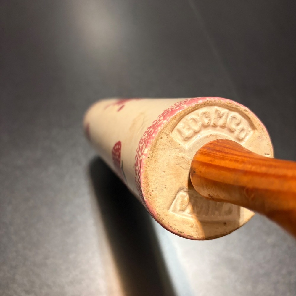 vintage Loomco glazed ceramic rolling pin & holder farmhouse decor strawberry - Picture 9 of 11